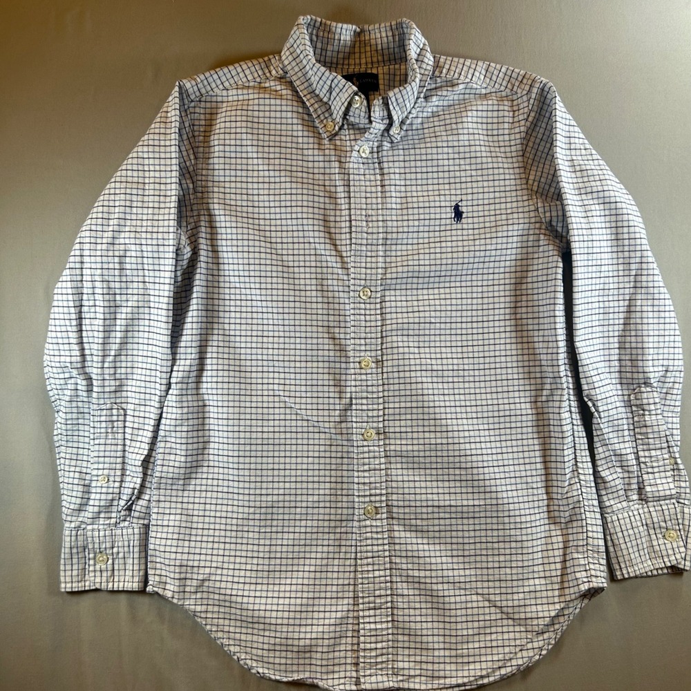 Ralph Lauren Kids Blue White Check Button Down Shirt Long Sleeve Size 12 Cotton